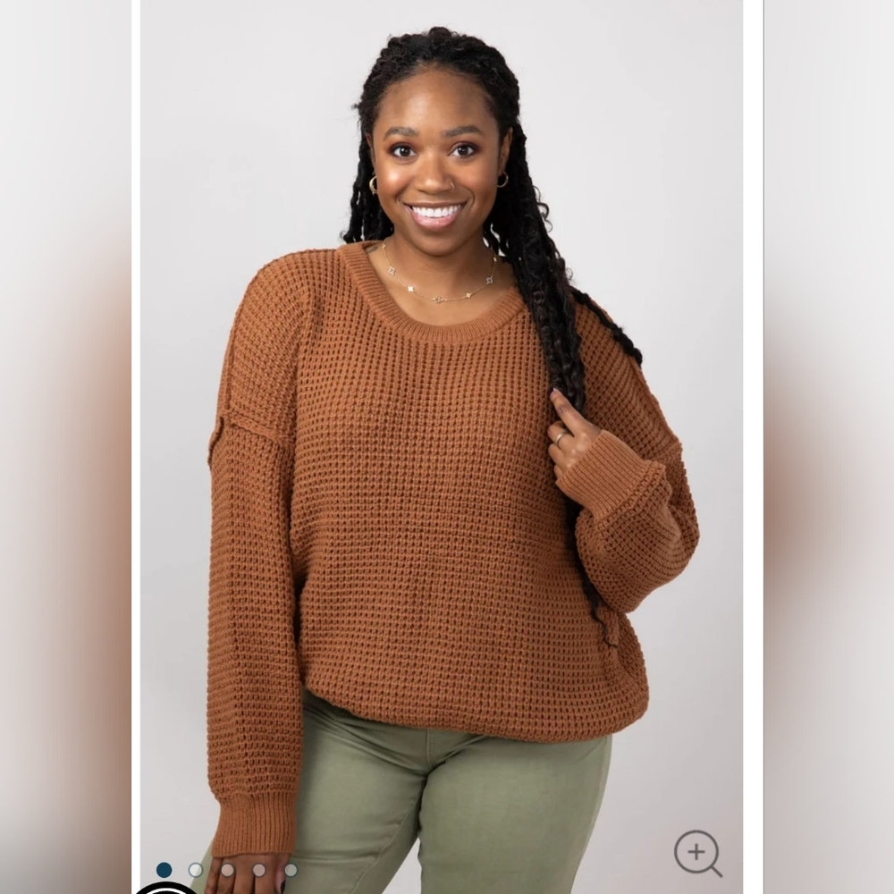 Miracle USA Cozy Waffle Cable Sleeves Camel Brown Knit Sweater Size M/L